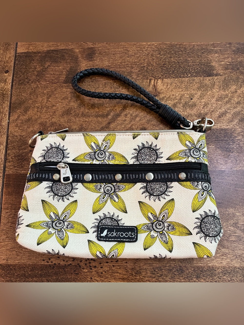 Sakroots wristlet Sunshine Spirit Desert floral print and a black braided handle
